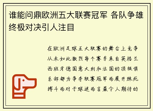 谁能问鼎欧洲五大联赛冠军 各队争雄终极对决引人注目